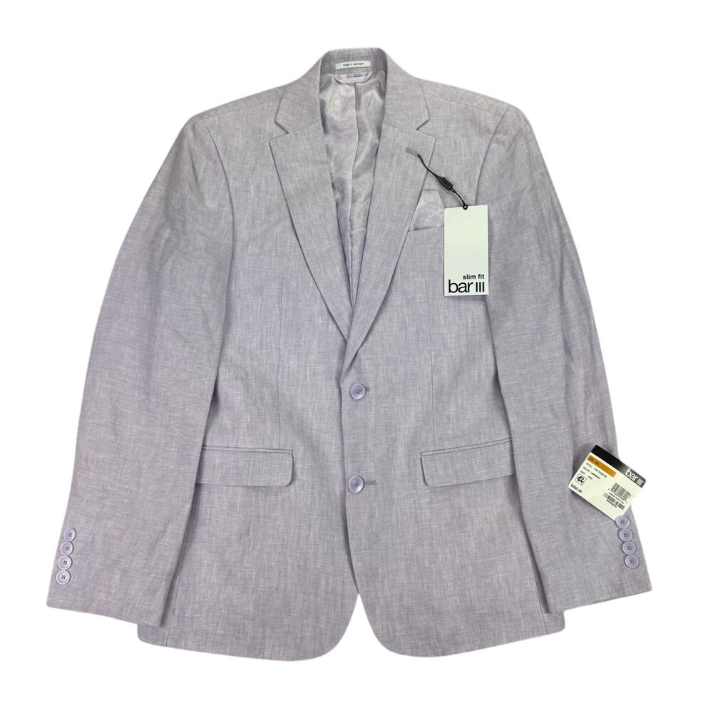 Bar III Mens Slim Fit 100% Linen Solid Suit Jacket Lavender Purple 36R